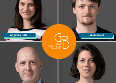 Collage of four speakers for Glass Performance Days 2025, arranged around an orange circle with the GPD logo. Top left: Angelica Rota with a neutral smile, wearing a striped sweater. Top right: Jakub Mareš with short brown hair and a trimmed beard. Bottom left: Christian Louter with a bald head and light blue suit. Bottom right: Jagoda Cupać with short curly dark hair and a neutral expression. Each person’s name is displayed in a blue label on their photo.