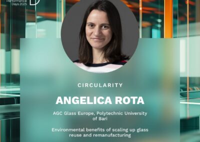 Portrait of Angelica Rota with a neutral smile, presented on a poster for Glass Performance Days 2025. Text reads: “Circularity. Angelica Rota, AGC Glass Europe, Polytechnic University of Bari. Environmental benefits of scaling up glass reuse and remanufacturing.” Hashtags and logos for GPD2025 are included.
