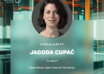 Portrait of Jagoda Cupać with a neutral smile, featured on a poster for Glass Performance Days 2025. Text reads: “Circularity. Jagoda Cupać, TU Delft. Glass Reuse: Open Data for Circularity.” The GPD2025 logo and hashtag are visible.